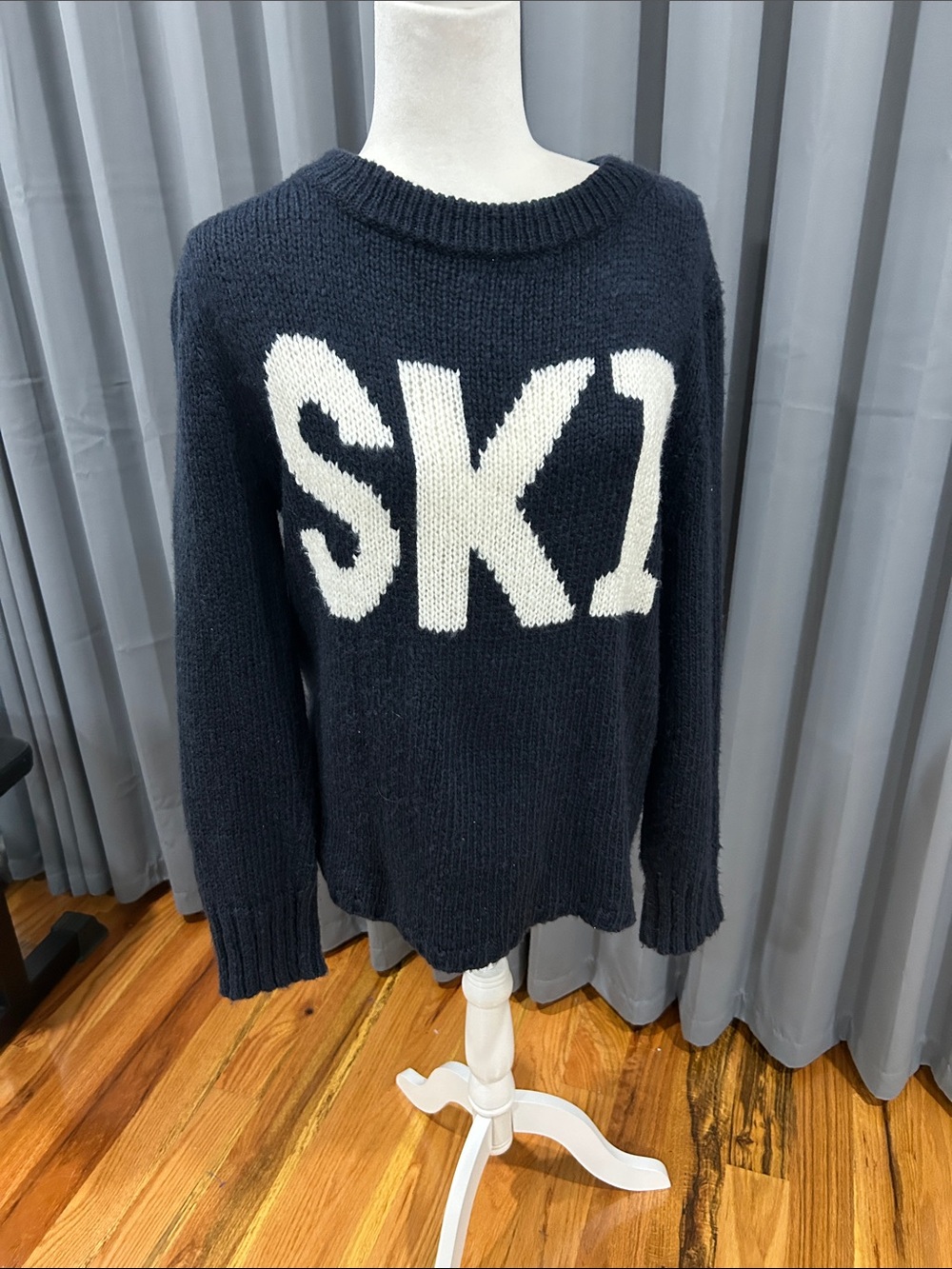 Wooden Ships Navy Crewneck Sweater with White SKI Graphic